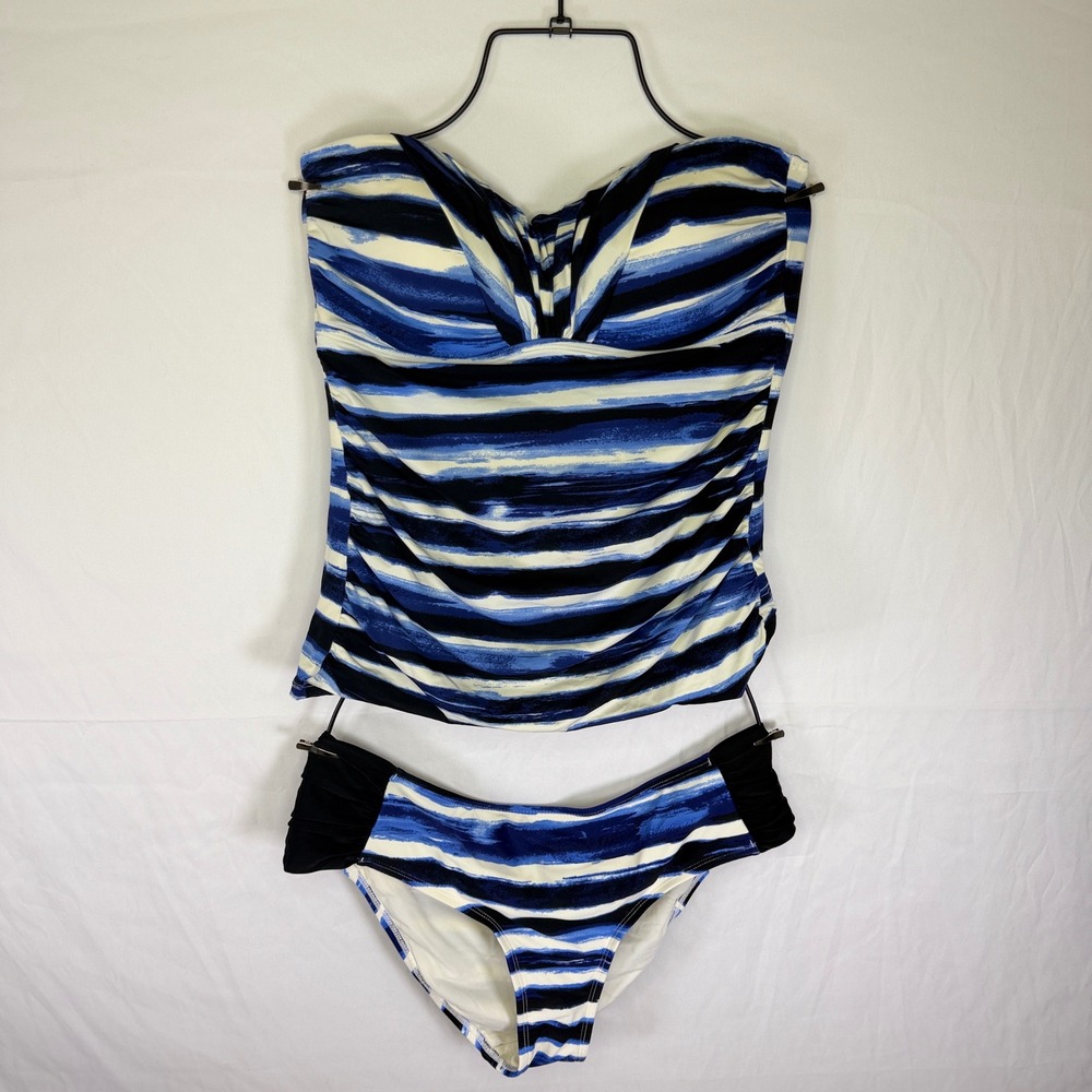 SKYE Tankini Set Womens 0X Top M Bottom Blue White Striped Ruched Strapless